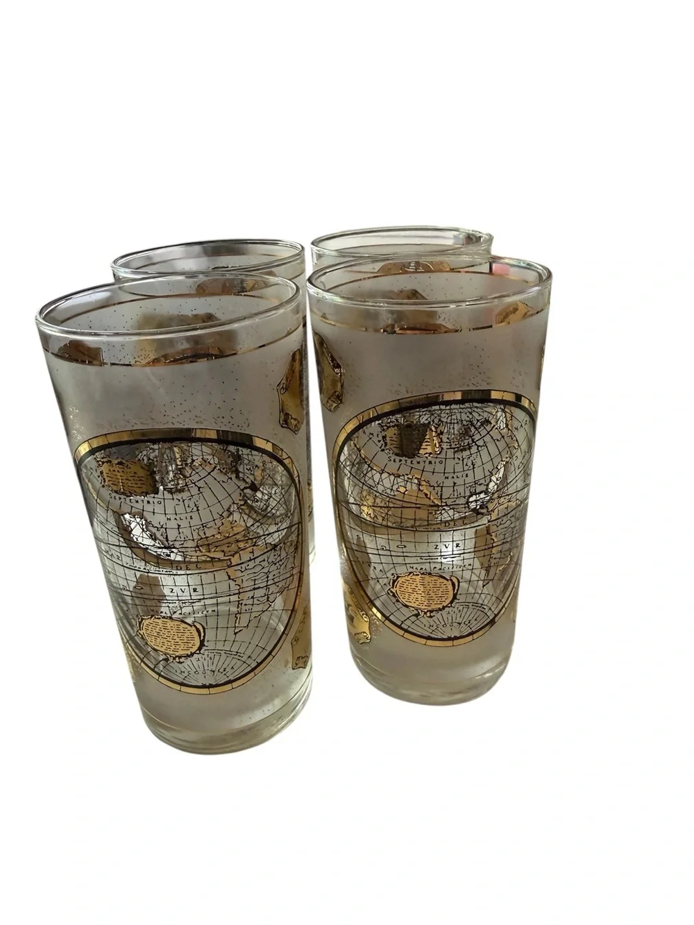 Vintage Cera High Ball Glasses 22k Gold Terrarvm Orbis Geographica World Map